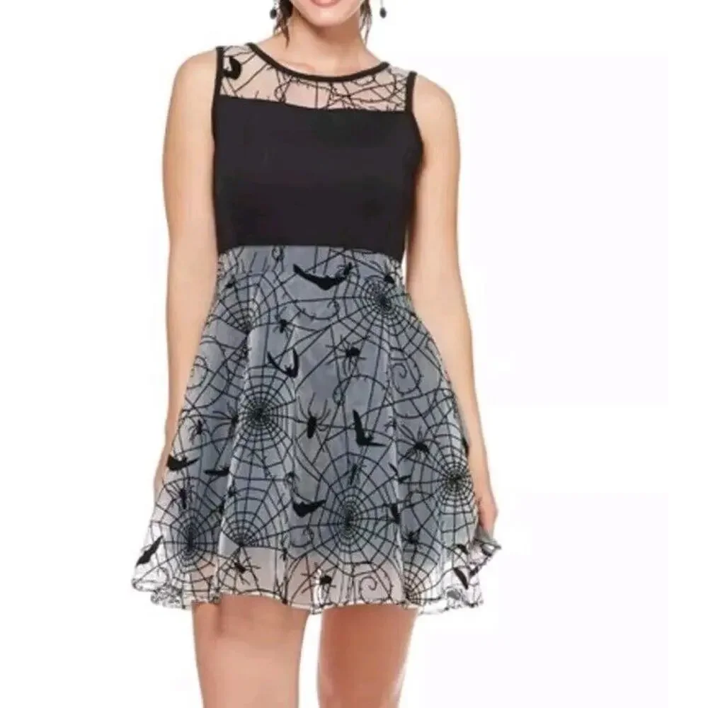 Spirit Black Spider Web & Bats Dress Large Witchy Halloween Party Cosplay